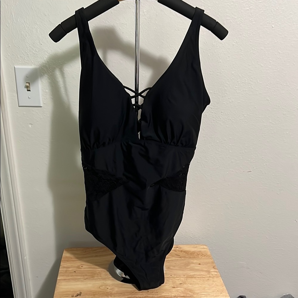 Allure Black swimsuit with Lace-Up V-Neck and lace sides